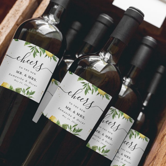 Étiquette Pour Bouteilles De Vin Aquarelle Moderne Citrons Jaunes & Feuille  (Créateur téléchargé)