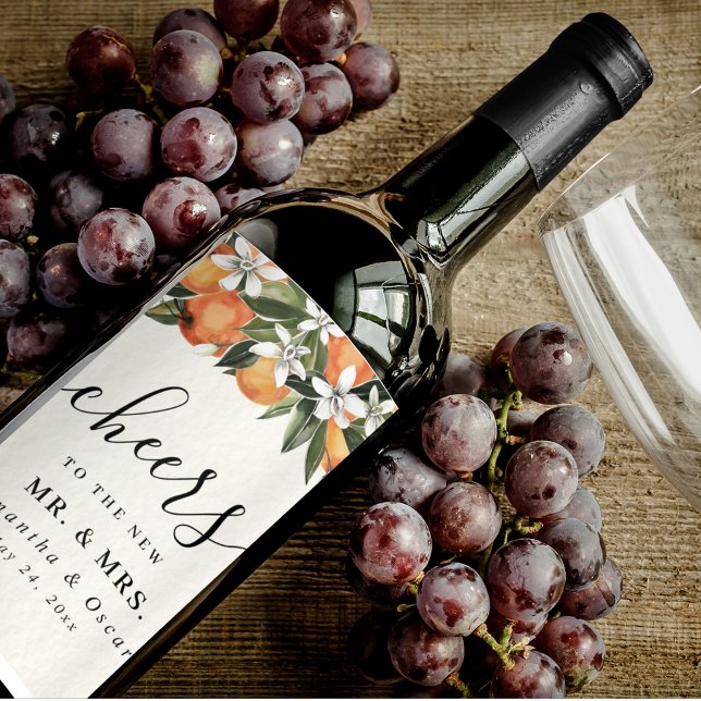 Étiquette Pour Bouteilles De Vin Aquarelle moderne orange et fleurs (Créateur téléchargé)