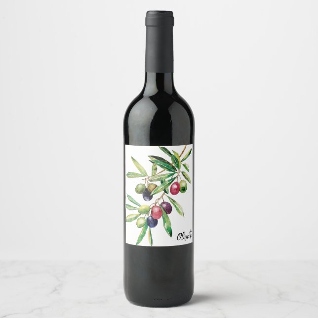 Étiquette Pour Bouteilles De Vin Aquarelle personnalisée Branche d'olive (Devant)