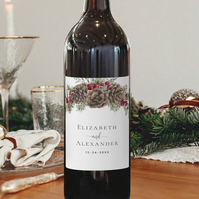 Étiquette Pour Bouteilles De Vin Aquarelle Pine d'hiver Berries Mariage de Noël (Créateur téléchargé)