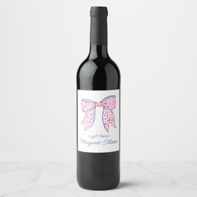 Étiquette Pour Bouteilles De Vin Aquarelle Pink Poka Dot Bow (Devant)