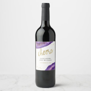 Étiquette Pour Bouteilles De Vin Aquarelle Purple et Gold Geode Mariage Cheveux