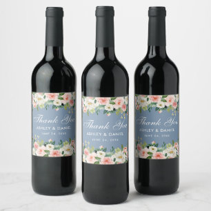 Étiquette Pour Bouteilles De Vin Aquarelle rose blanc Floral Dusty Blue Mariage