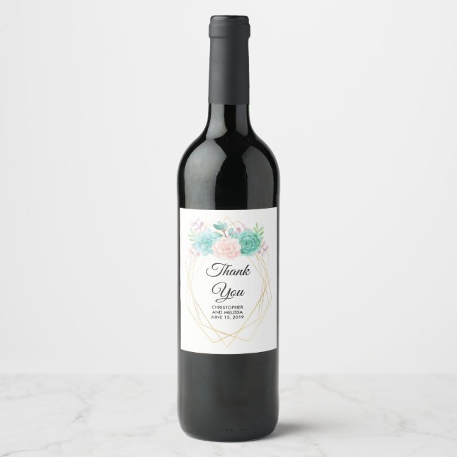 Étiquette Pour Bouteilles De Vin Aquarelle rose et vert moderne Mariage Succulent (Devant)