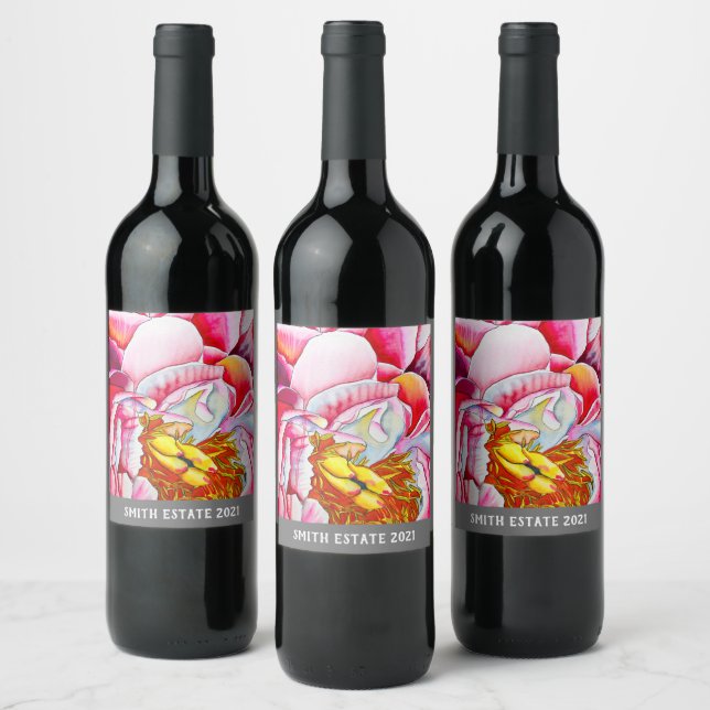 Étiquette Pour Bouteilles De Vin Aquarelle rose Peony (Bouteilles)
