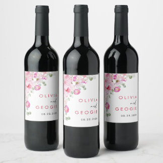 Étiquette Pour Bouteilles De Vin Aquarelle rose vif Mariage de pivoine florale