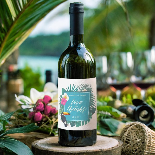 Étiquette Pour Bouteilles De Vin Aquarelle Tropical avec Mariage Toucan ID Turquois (Créateur téléchargé)