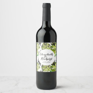 Étiquette Pour Bouteilles De Vin Aquarelle Tropical Feuille mariage monogramme