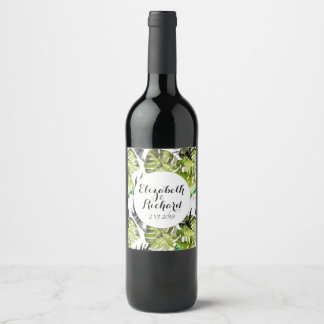 Étiquette Pour Bouteilles De Vin Aquarelle Tropical Feuille mariage monogramme