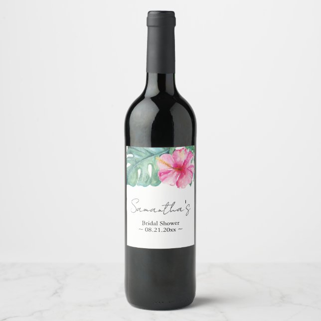 Étiquette Pour Bouteilles De Vin Aquarelle tropicale Thème Hibiscus rose (Devant)