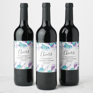 Étiquette Pour Bouteilles De Vin Aquarelle Turquoise violet Mariage de feuillage