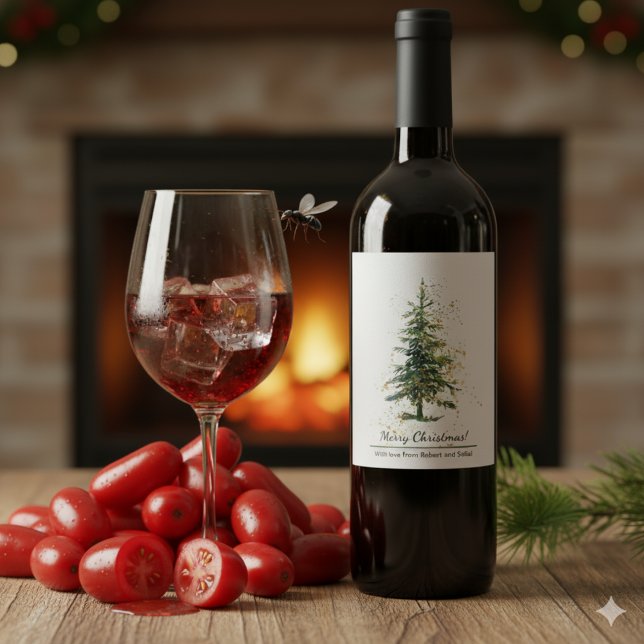 Étiquette Pour Bouteilles De Vin Aquarelle verte Épinette Joyeux Noël Blanc (Créateur téléchargé)