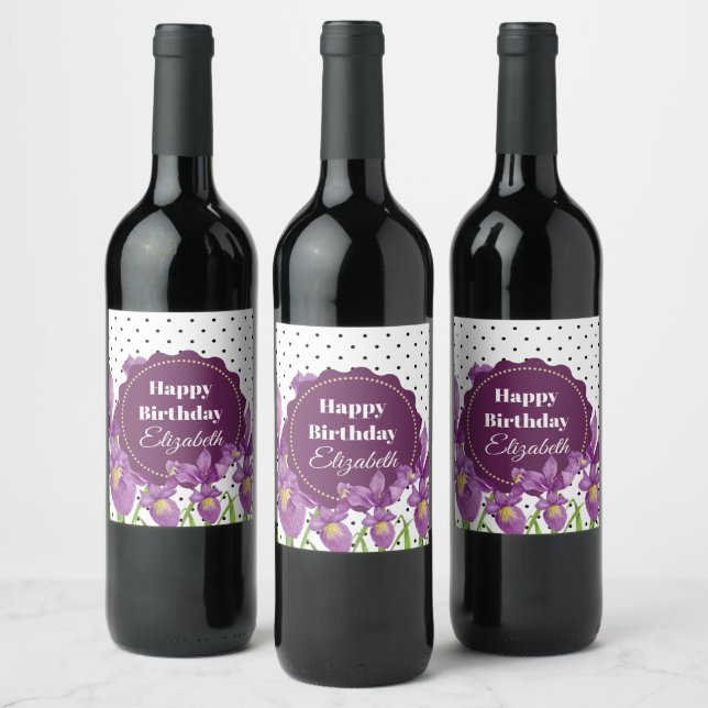 Étiquette Pour Bouteilles De Vin Aquarelle violet Iris noir blanc Pois (Bouteilles)