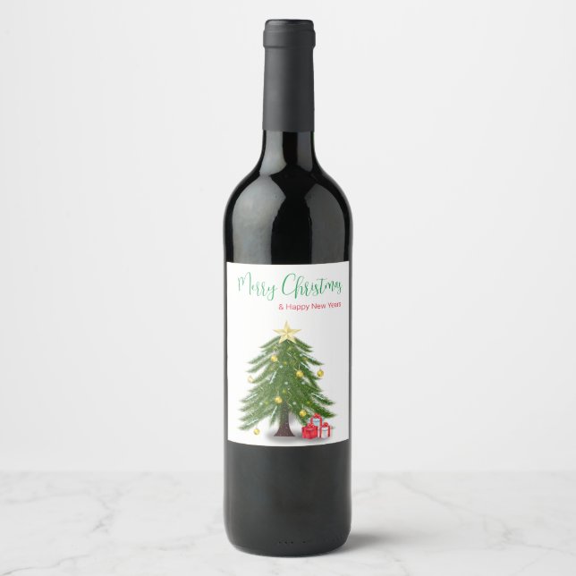 Étiquette Pour Bouteilles De Vin Arbre de Noël avec cadeau rouge (Devant)
