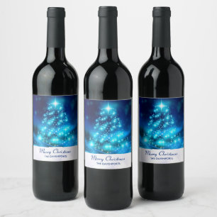 Étiquette Pour Bouteilles De Vin Arbre de Noël bleu cool avec lumières étincelantes