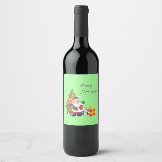 Étiquette Pour Bouteilles De Vin Arbre de Noël et Père Noël Joyeux vert de Noël (Devant)