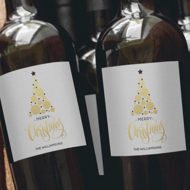 Étiquette Pour Bouteilles De Vin Arbre de Noël Moderne Férié Doré (Créateur téléchargé)