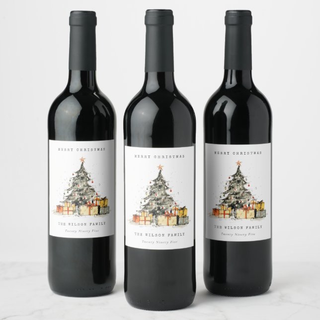 Étiquette Pour Bouteilles De Vin Arbre de Noël moderne Sketchy Aquarelle (Bouteilles)