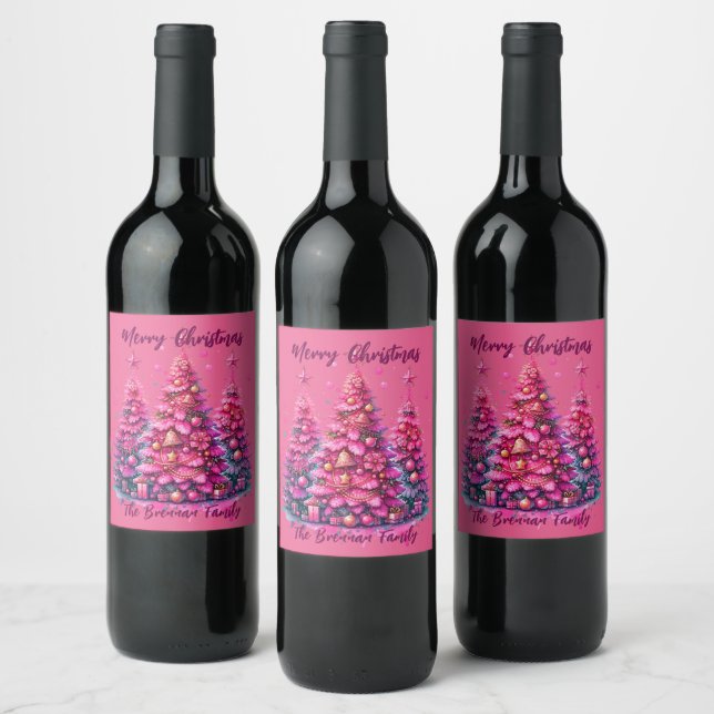 Étiquette Pour Bouteilles De Vin Arbre de Noël rose Famille personnalisée (Bouteilles)