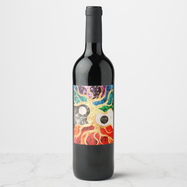 Étiquette Pour Bouteilles De Vin Arbre de vie en mosaïque - Yin Yang (Devant)