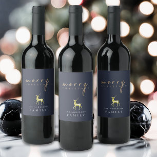 Étiquette Pour Bouteilles De Vin Ardoise foncée Bleu minimaliste renne Noël