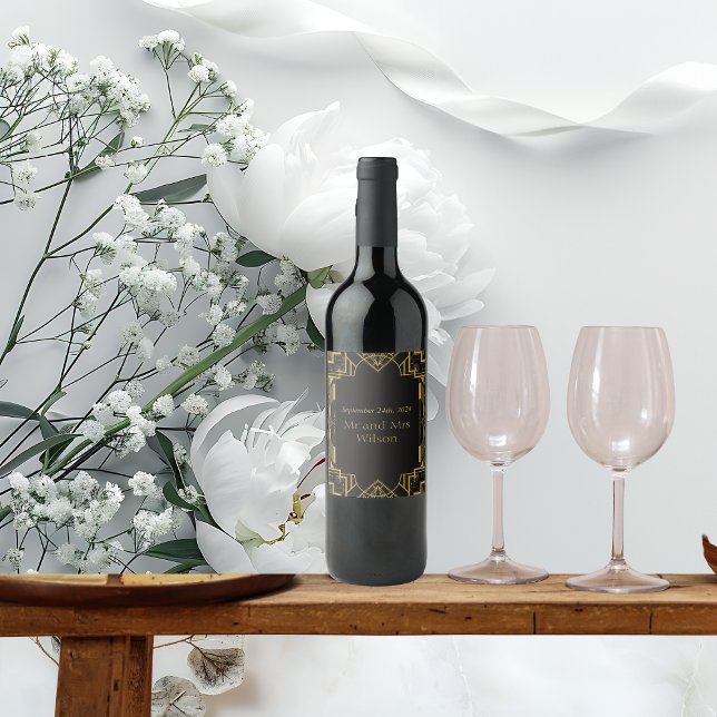 Étiquette Pour Bouteilles De Vin Art Déco Or glamour sur Noir (Créateur téléchargé)