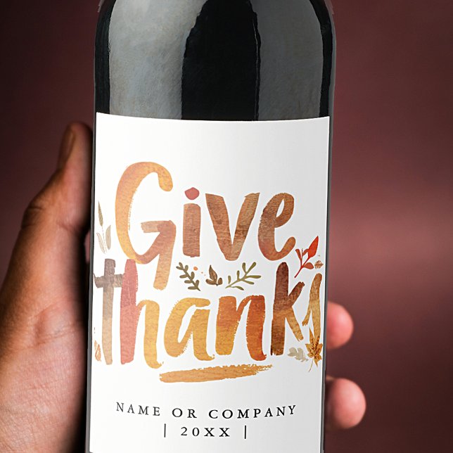 Étiquette Pour Bouteilles De Vin Art Orange GiveThanks Automne Brosse Script (Créateur téléchargé)