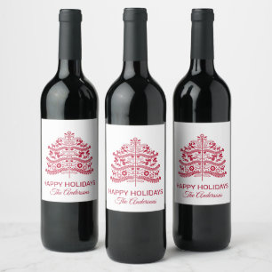 Étiquette Pour Bouteilles De Vin Art populaire scandinave rouge Arbre de Noël nordi