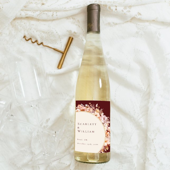 Étiquette Pour Bouteilles De Vin Automne Floral Bourgogne Mariage de crème (Créateur téléchargé)
