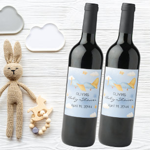 Étiquette Pour Bouteilles De Vin Avion, Nuages & Étoiles, Bleu, Petit Garçon, Migno