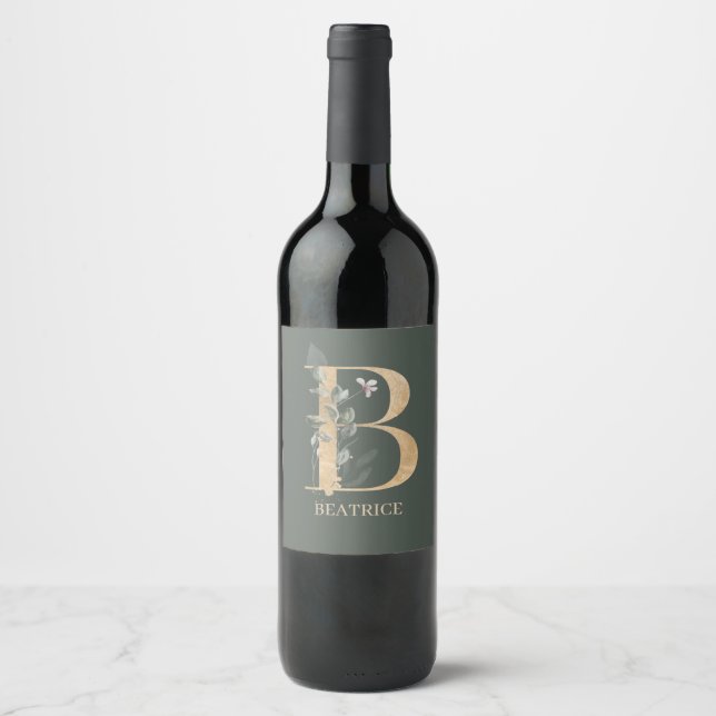Étiquette Pour Bouteilles De Vin B Monogramme Floral Personnalisé (Devant)