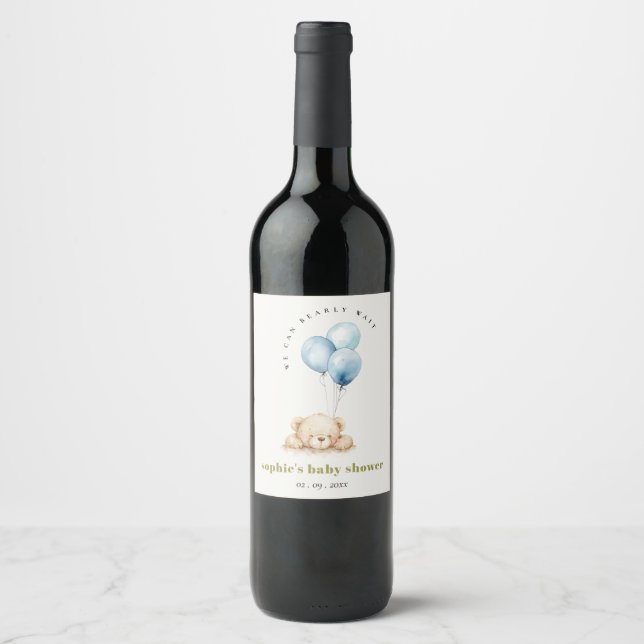 Étiquette Pour Bouteilles De Vin Baby shower à ballon d'attente bleu minimal (Devant)