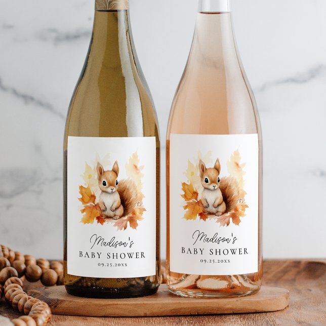 Étiquette Pour Bouteilles De Vin Baby shower d'automne d'écureuil en bois mignon (Créateur téléchargé)