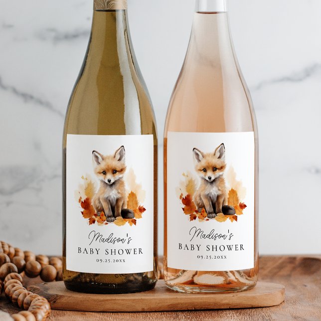 Étiquette Pour Bouteilles De Vin Baby shower d'automne du renard boisé mou (Créateur téléchargé)