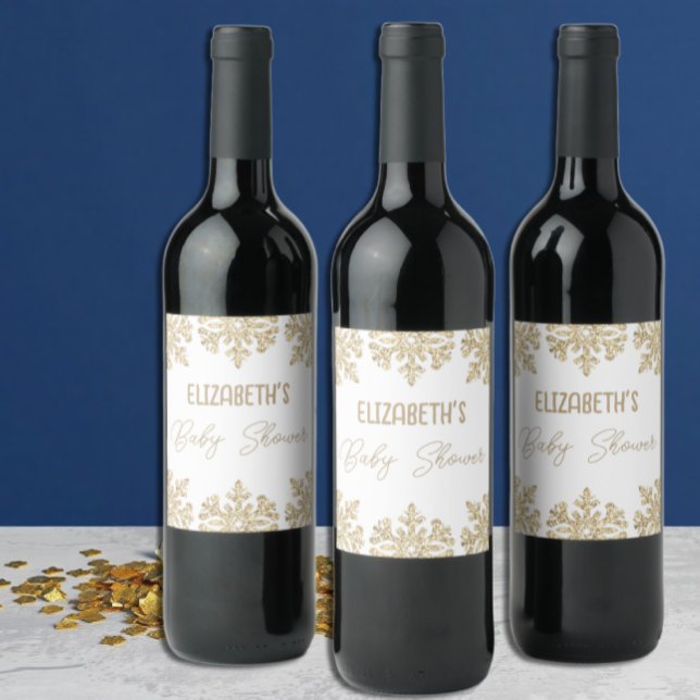 Étiquette Pour Bouteilles De Vin Baby shower d'hiver Gold Snowflake (Créateur téléchargé)