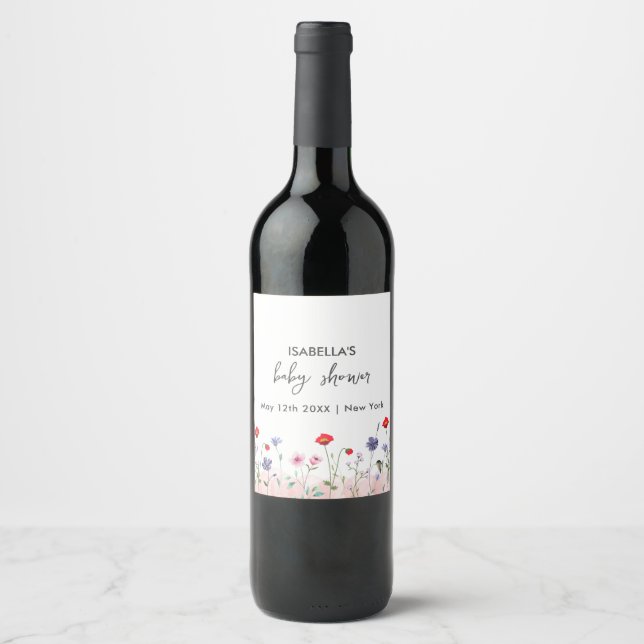 Étiquette Pour Bouteilles De Vin Baby shower Fleur sauvage d'été Meadow (Devant)