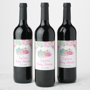 Étiquette Pour Bouteilles De Vin Baby Shower Floral aux Citrouilles Pastel