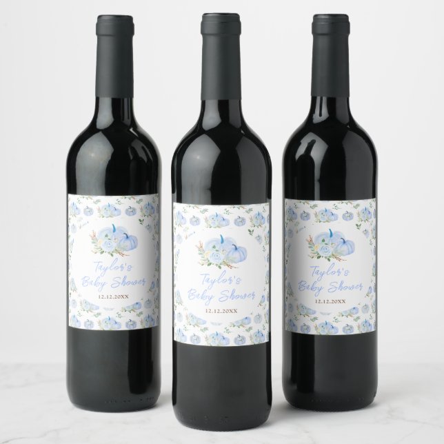 Étiquette Pour Bouteilles De Vin Baby shower Floral Citrouille bleu (Bouteilles)