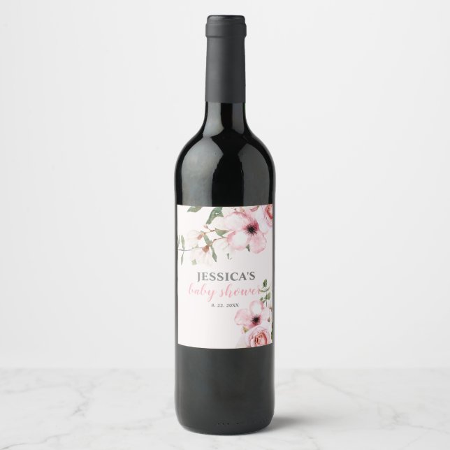 Étiquette Pour Bouteilles De Vin Baby shower floral rose pâle (Devant)