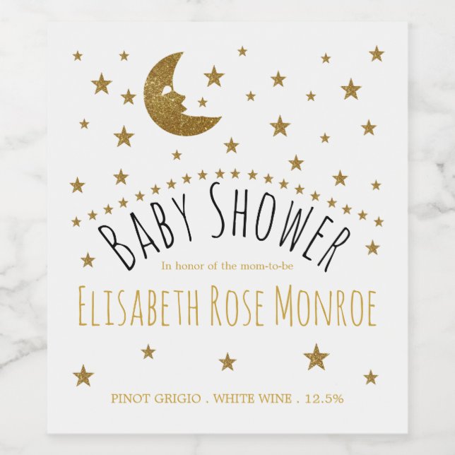 Étiquette Pour Bouteilles De Vin Baby shower Gold Moon et Stars (Étiquettes simples)