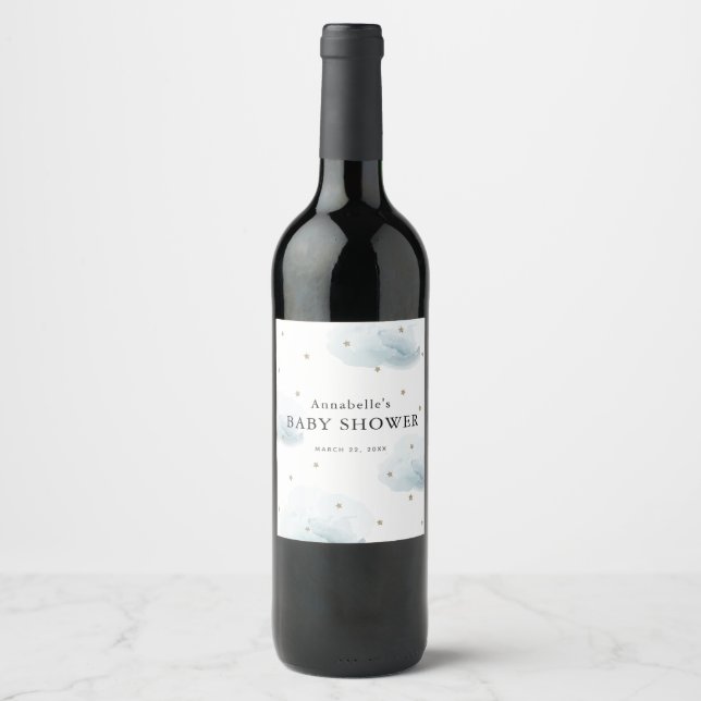 Étiquette Pour Bouteilles De Vin Baby shower Gold Stars & Clouds (Devant)
