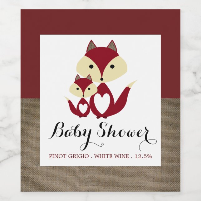 Étiquette Pour Bouteilles De Vin Baby shower Red Fox Burlap (Étiquettes simples)