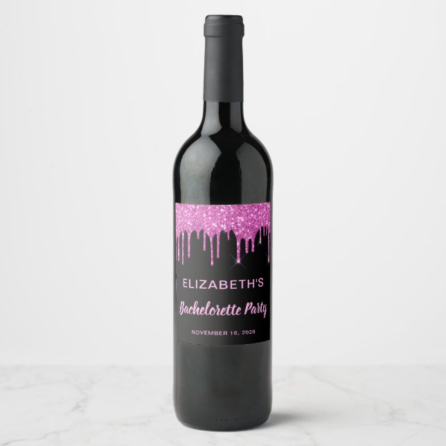 Étiquette Pour Bouteilles De Vin Bachelorette Parties scintillant rose noir (Devant)