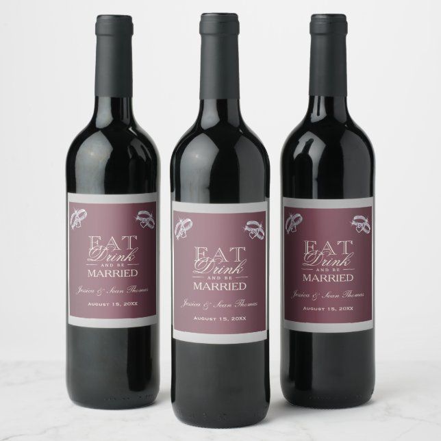 Étiquette Pour Bouteilles De Vin Bagues argentées et Mariage Burgandy (Bouteilles)