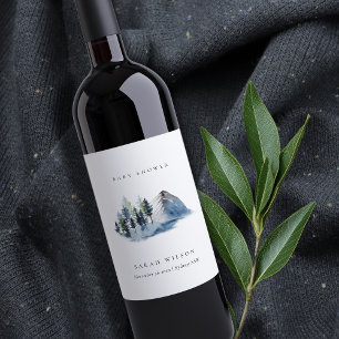 Étiquette Pour Bouteilles De Vin Baie de montagne aux pins verts et bleus