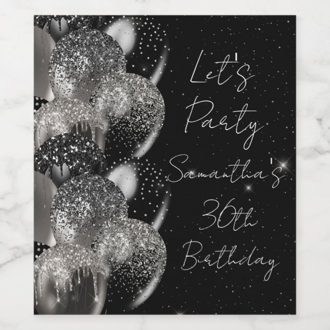 Étiquette Pour Bouteilles De Vin Ballons Anniversaire Black Silver Parties scintill (Étiquettes simples)