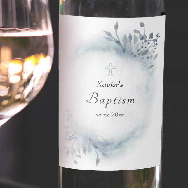 Étiquette Pour Bouteilles De Vin Baptême bleu poussiéreux aquarelle verte (Créateur téléchargé)