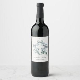 Étiquette Pour Bouteilles De Vin Baptême croisé de feuillage de fougères bleues ble