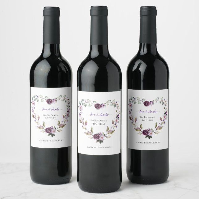 Étiquette Pour Bouteilles De Vin Baptême de Fleurs de pivoines violettes délicates (Bouteilles)