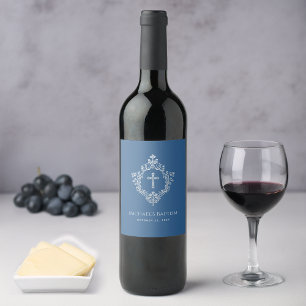 Étiquette Pour Bouteilles De Vin Baptême de garçon Classique Bleu Vintage Crête rel